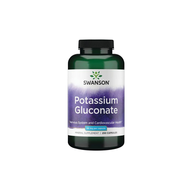 Swanson Potassium Gluconate 99 mg, 250 capsules, supports nervous system and cardiovascular health, and helps maintain electrolyte balance.